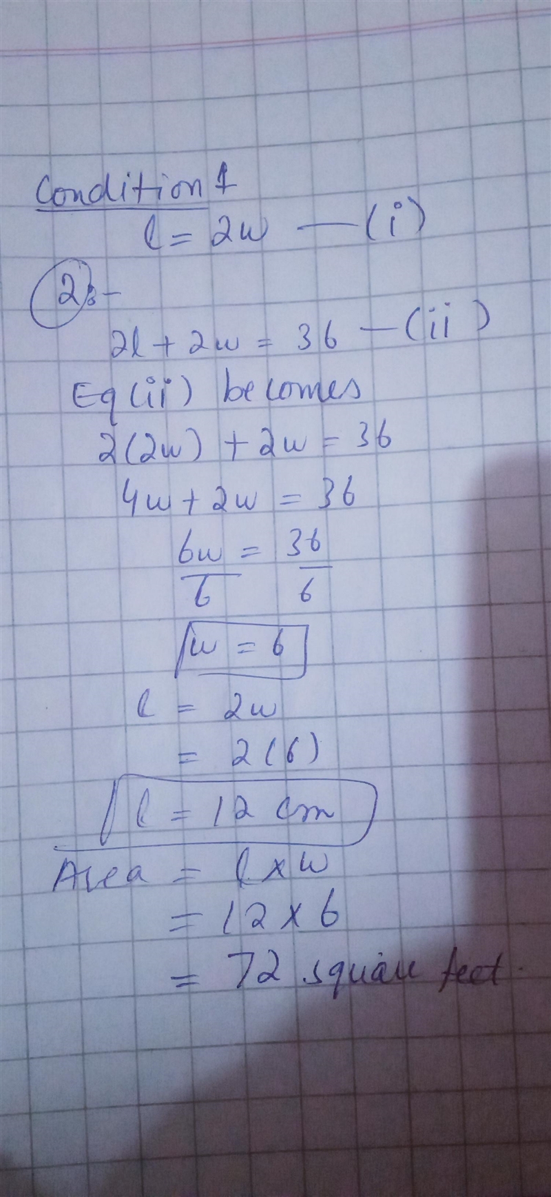 The length of a rectangle is double its width. The perimeter of the rectangle is 36 feet-example-1