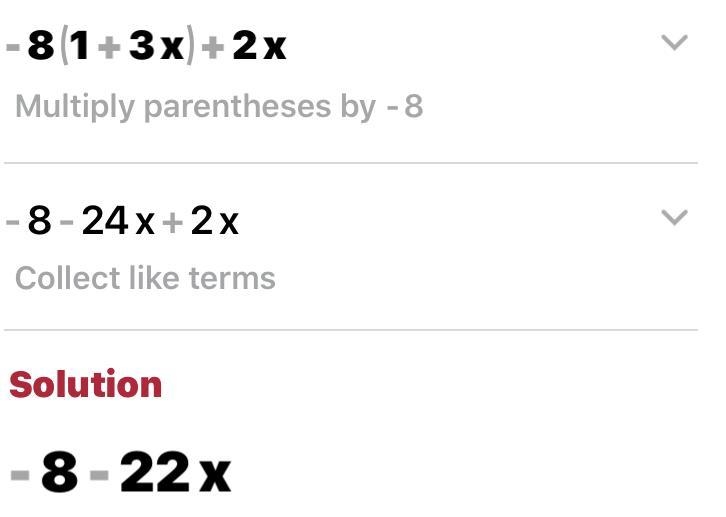 -8(1+3x)+2x use distributive property simplify-example-1