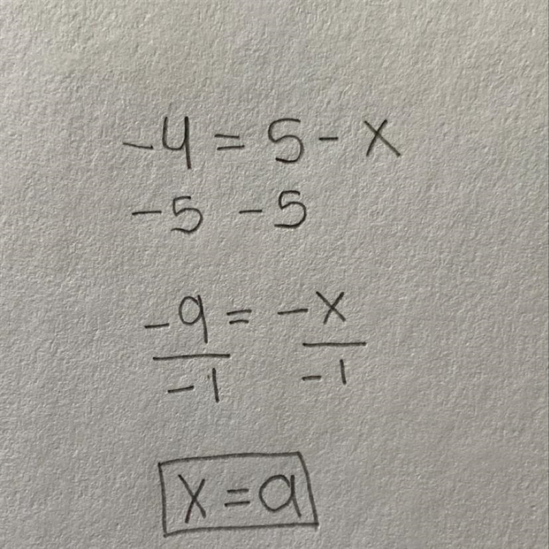 Solve the equation -4 = 5 - x show all steps​-example-1