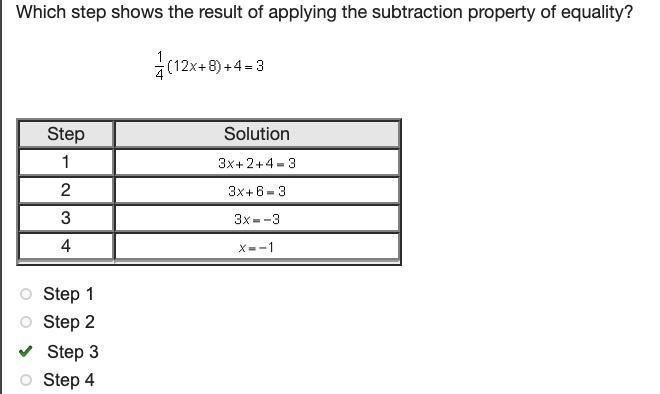 Which step shows the result of applying the subtraction property of equality? One-example-1