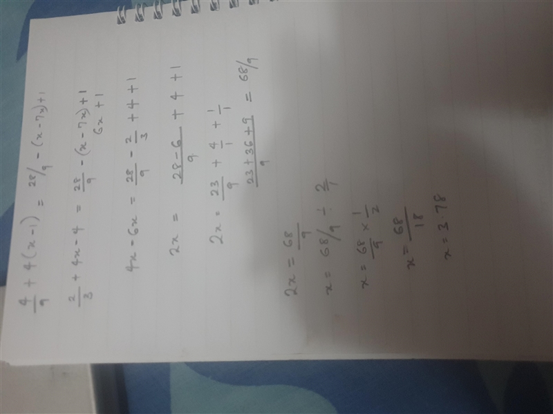 4/9+4(x-1)=28/9-(x-7x)+1-example-1