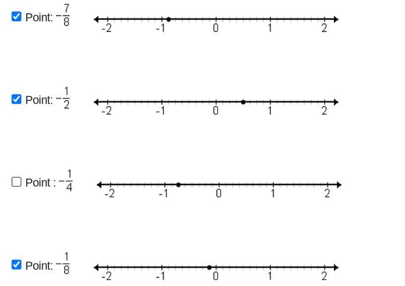 Which points are plotted correctly on their accompanying number line? Check all that-example-1