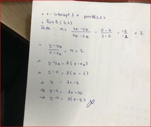 Write the equation of the line with x-intercept 3 and passing through the point (5, 4). A-example-1