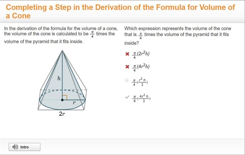 Which expression represents the volume of the cone In the derivation of the formula-example-1