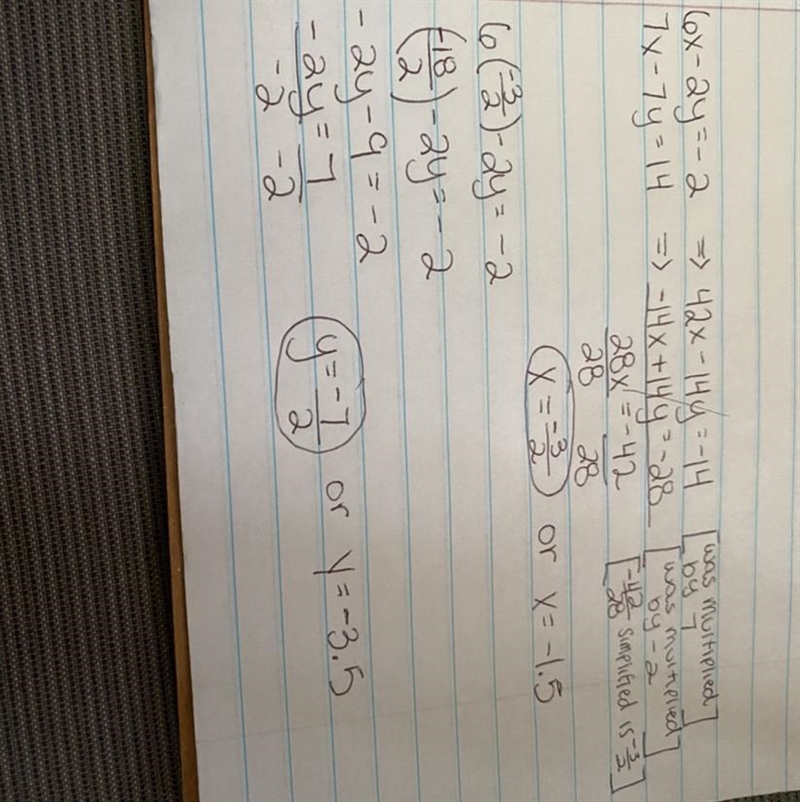 6x-2y=-2 7x-7y=14 I’ve been using the elimination method but I keep getting the wrong-example-1