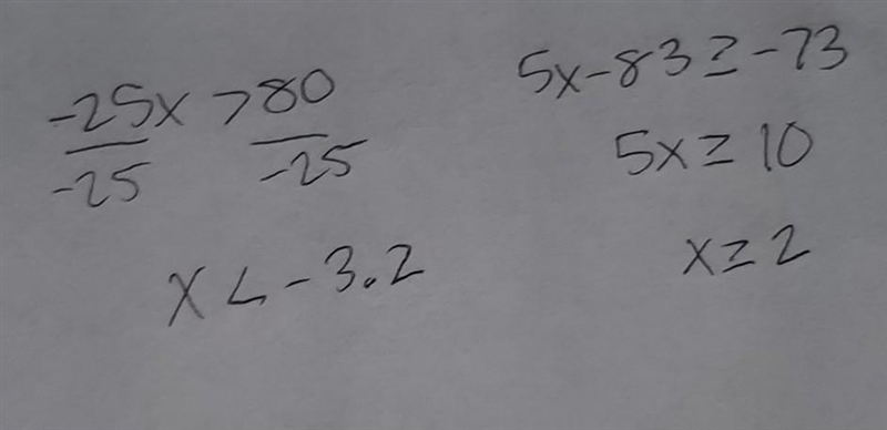 Solve for x. -25x + 175 > 225 and 5x - 83 ≥ - 73-example-1