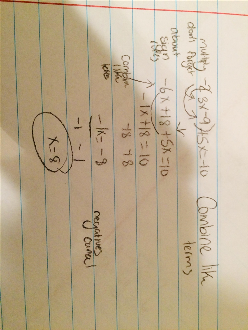 What is the solution to -2(3x-9)+5x=-10-example-1