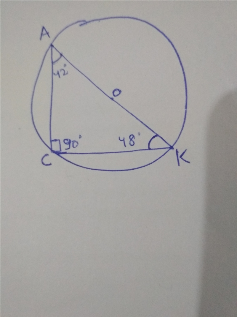 An inscribed triangle with the hypotenuse being the diameter of the circle has angle-example-1