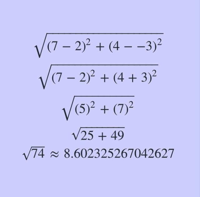 Calculate the distance between the points A=(2,-3) and B=(7,4) in the coordinate plane-example-1