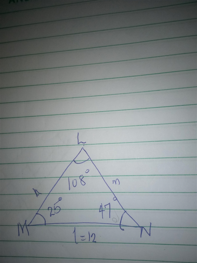 In ΔLMN, m∠L = 108°, m∠M = 25°, and ℓ = 12. What is m?-example-1