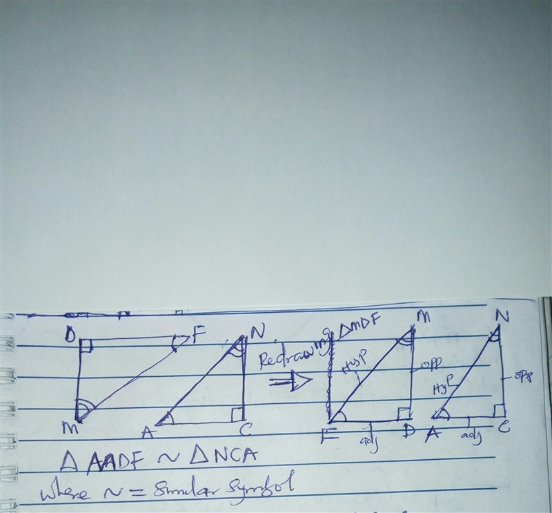 Complete this proof. Given: EC AC, DB AC, ∠A = ∠F Prove: ΔMDF ∼ ΔNCA-example-1