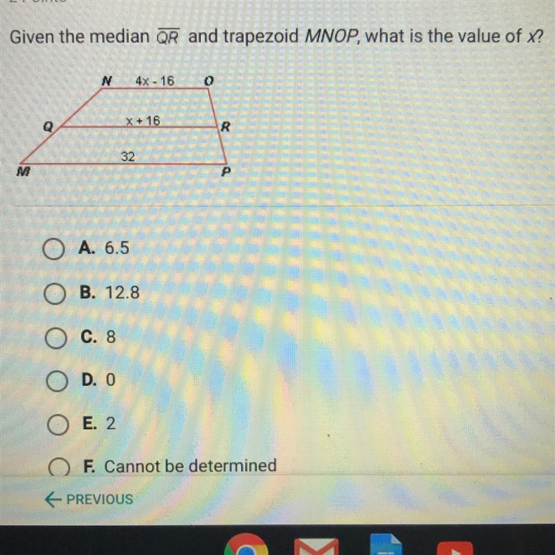 Given the median QR and trapezoid MNOP what is the value of x? 4x-16-example-1