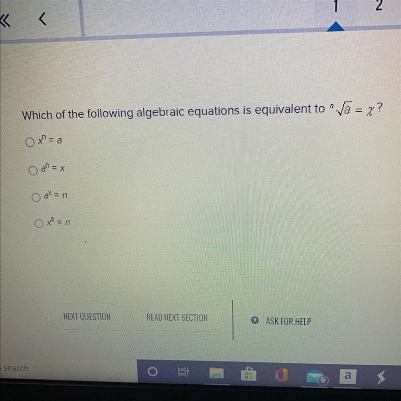 Which of the following algebraic equations is equivalent to nVa = 7?-example-1