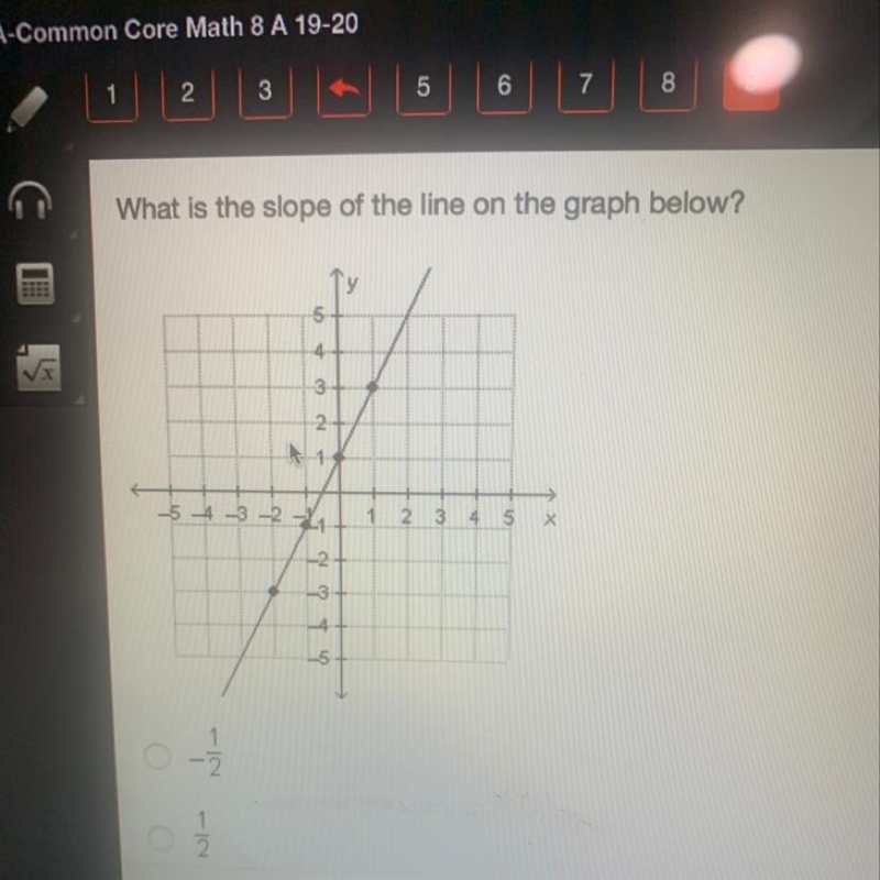 What is the slope of the line graph below? A)-1/2 B)1/2 C)1 D)2-example-1