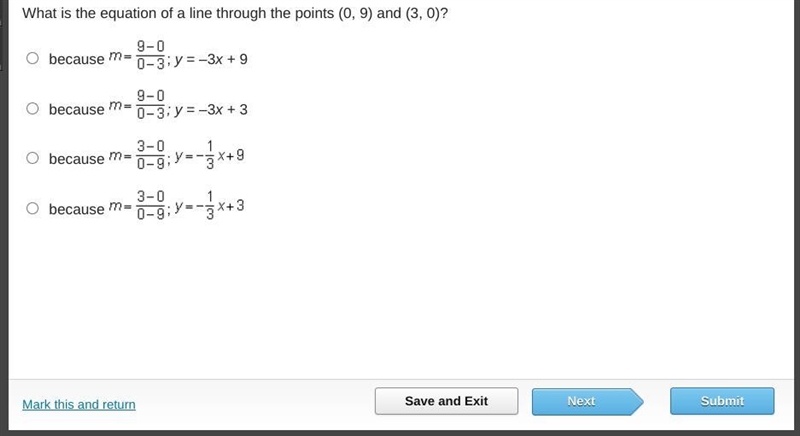 What is the equation of a line through the points (0, 9) and (3, 0)?-example-1