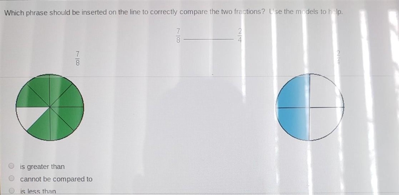 Which phrase should be inserted on the line to correctly compare the two fractions-example-1