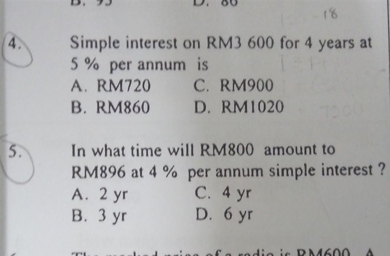 Helppp meee Simple interest on RM3 600 for 4 years at 5% per annum is A. RM720 C. RM-example-1