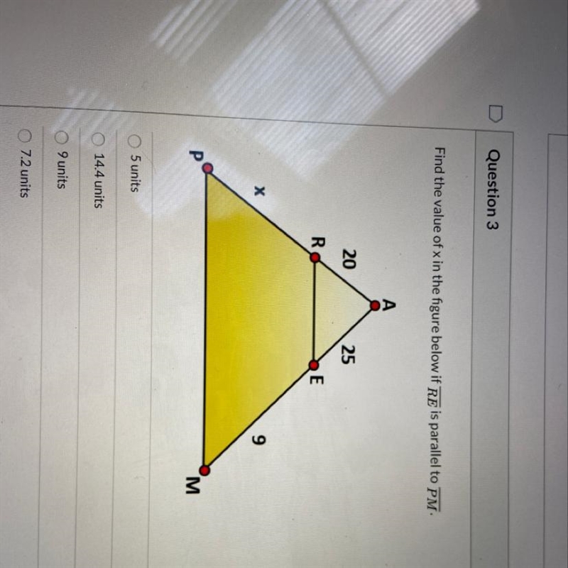 A. 5 units B. 14.4 C. 9 units D. 7.2 units Please help me with this-example-1