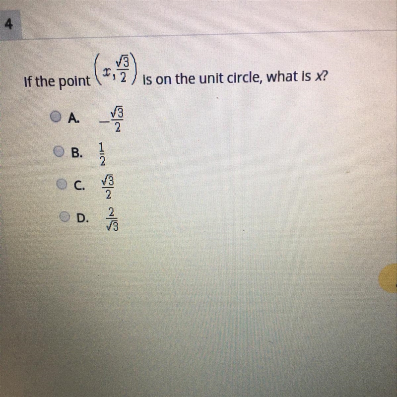 If the point (x, square root 3/2) is on the unit circle, what is x?-example-1