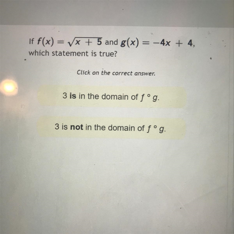 If f(x) = squareroot x + 5 and g(x) = -4x + 4, which statement is true? Click on the-example-1