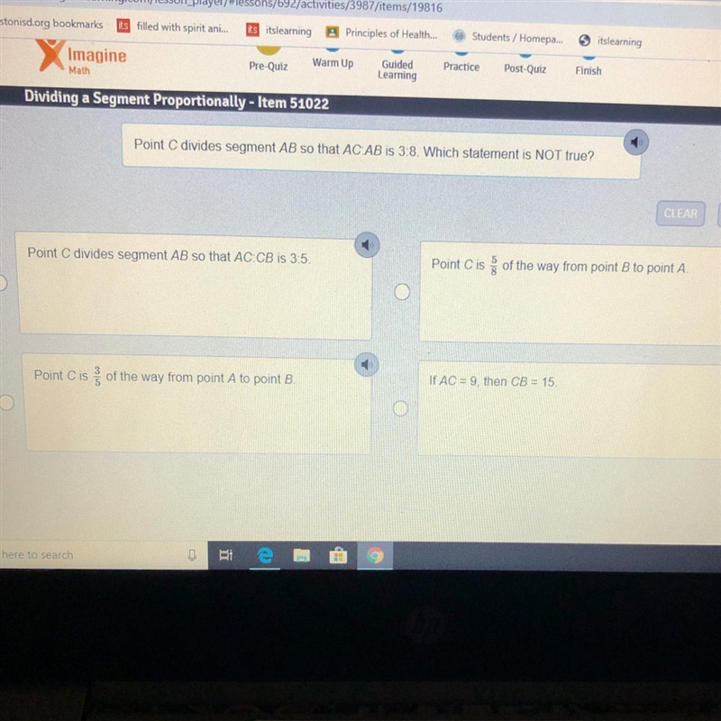 Point C divides segment AB so that AC:AB is 3:8. Which statement is NOT true? HELP-example-1