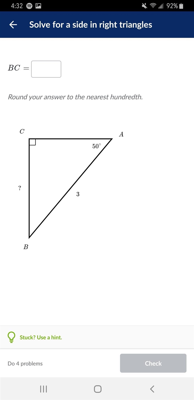 Solve for a side in right triangles-example-1