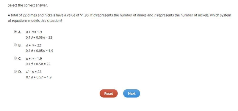 A total of 22 dimes and nickels have a value of $1.90. If d represents the number-example-1