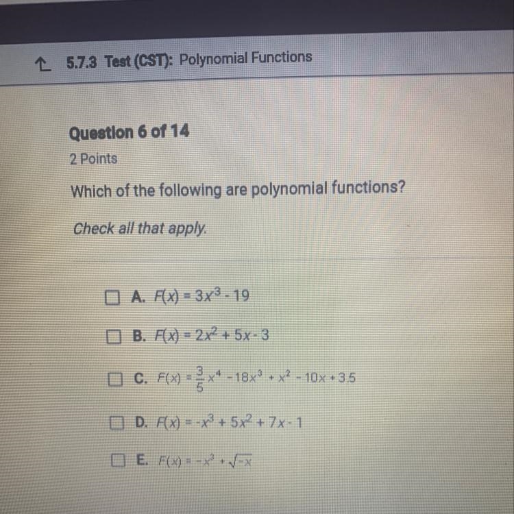 Which of the following are polynomial functions? Check all that apply.-example-1