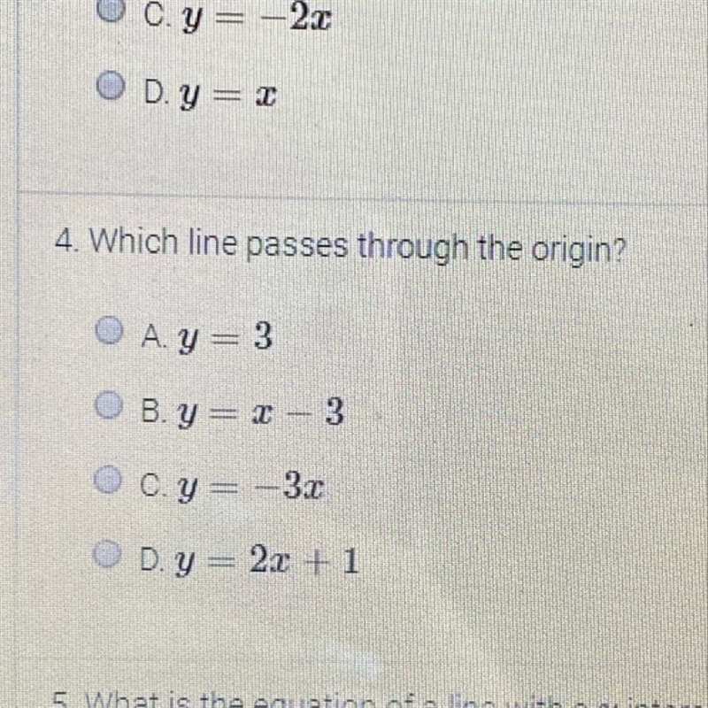 4. Which line passes through the origin?-example-1