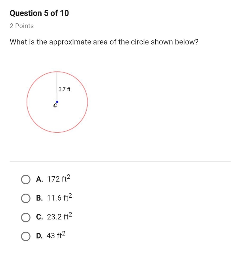 What is the approximate area of the cirlle shown below-example-1