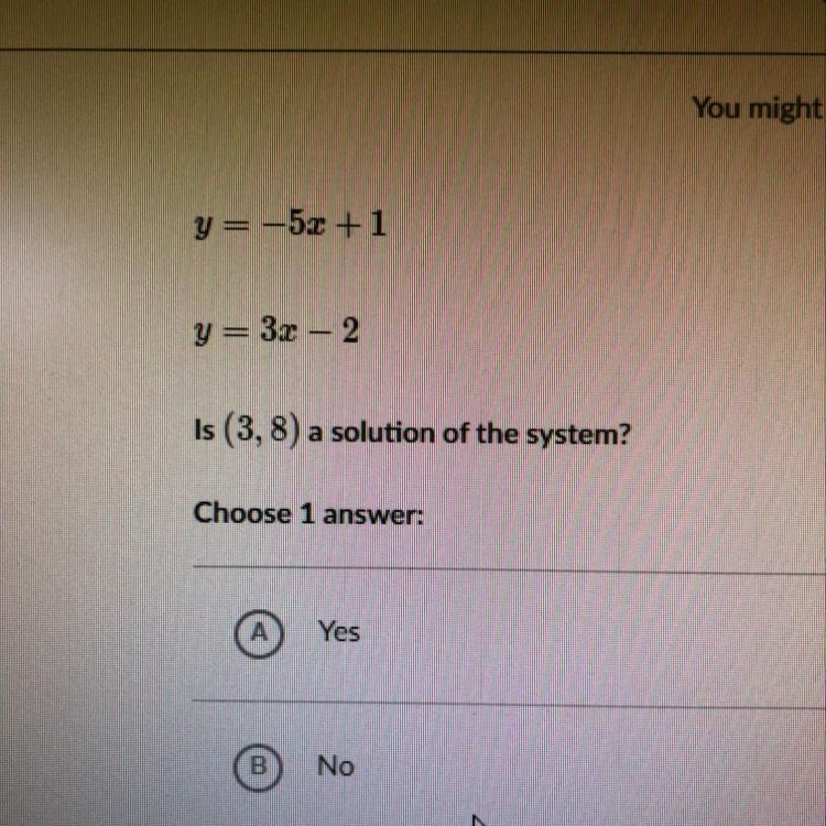 Is (3,8) a solution of the system?-example-1