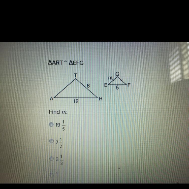 △ART∼△EFG find m 19 1/5 7 1/2 3 1/3 1-example-1
