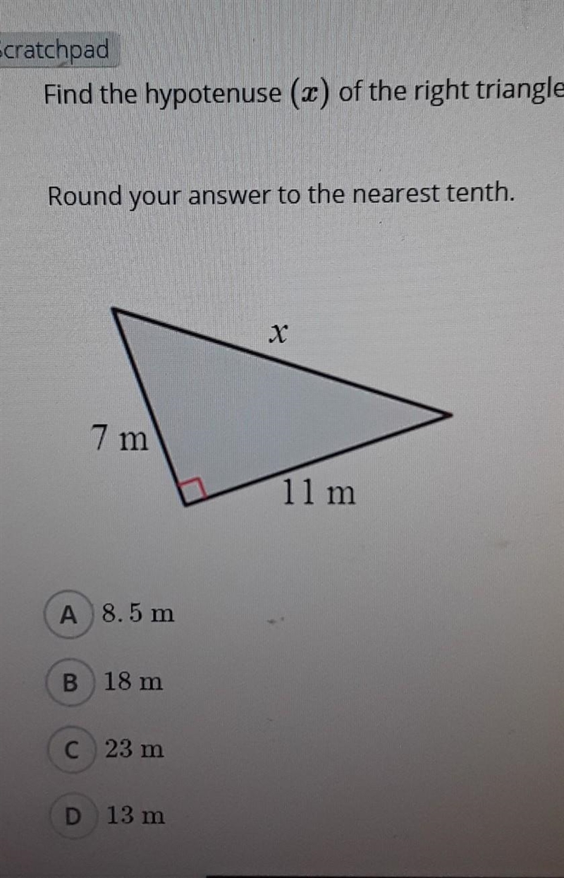 Find the hypotenuse (2) of the right triangle. Round your answer to the nearest tenth-example-1