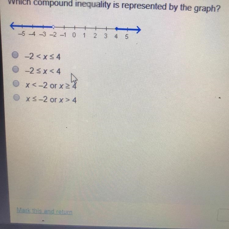 Which compound inequality is represented in the graph?-example-1