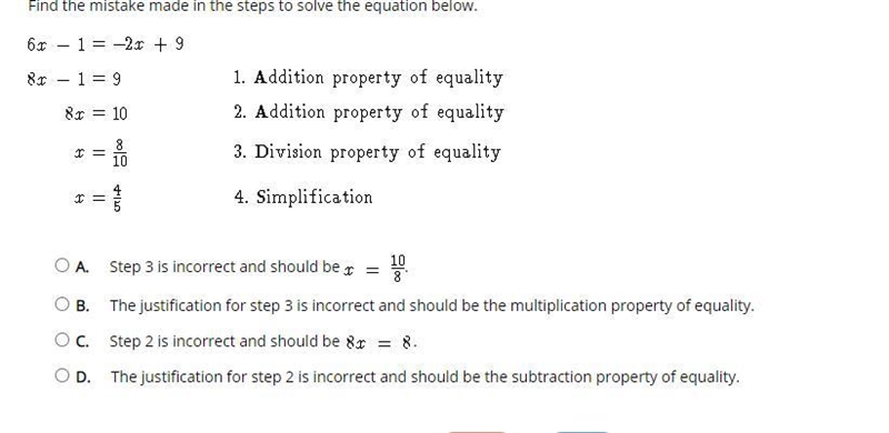 PLEASE HELP Find the mistake made in the steps to solve the equation below.-example-1