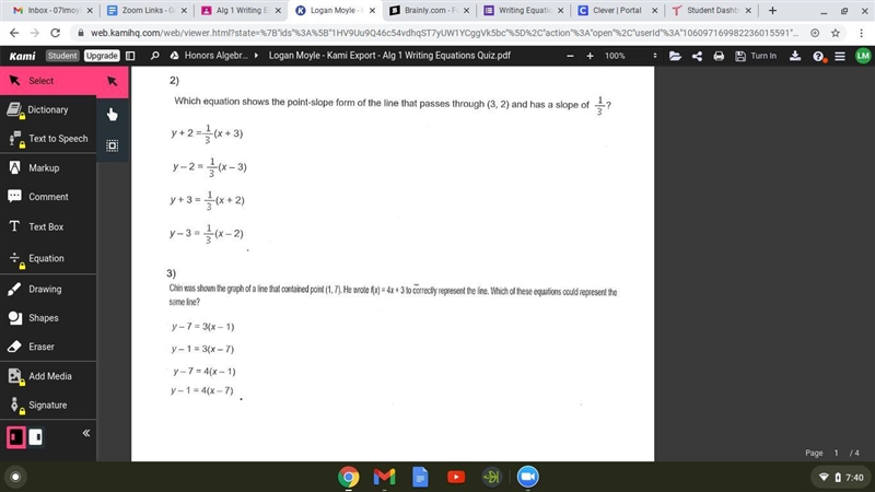 Which equation shows the point-slope form of the line that passes through (3, 2) and-example-1