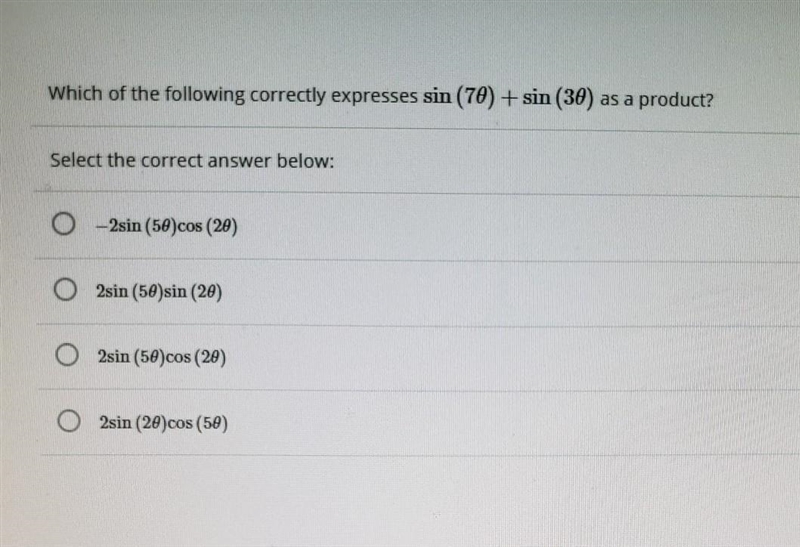 Which of the following correctly expresses sin (70) + sin(30) as a product? : Select-example-1