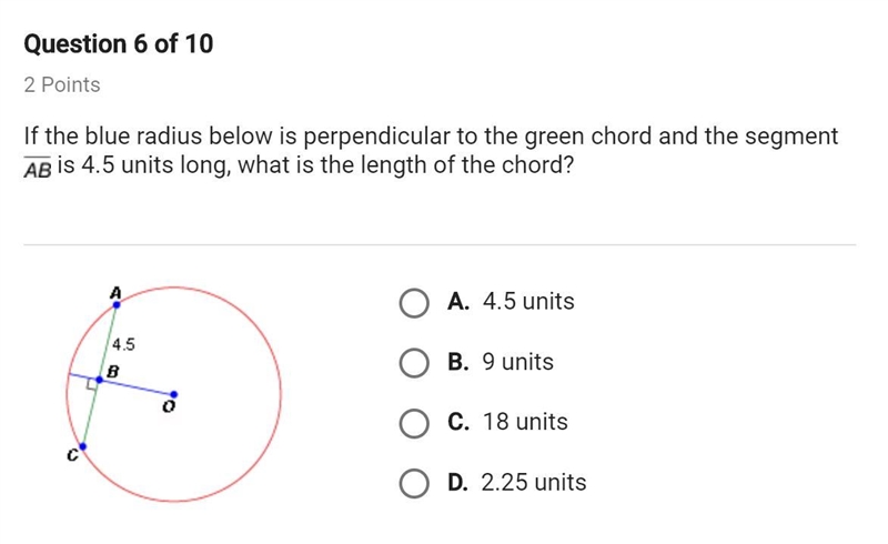 if the blue radius below is 4.5 unit lrpendicto the green chord and the segment ab-example-1