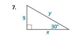 Find the values of x and y. write your answers in simplest form. I know x=9√3 and-example-1