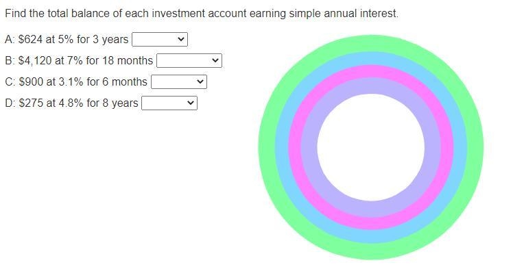 Find the total balance of each investment account earning simple annual interest.-example-1