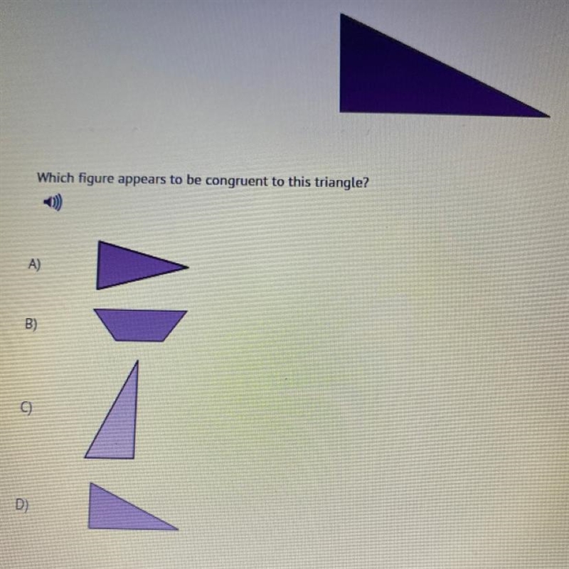 Which figure appears to be congruent to this triangle?-example-1