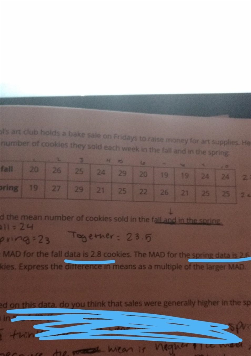 The MAD for the fall data is 2.8 cookies. The MAD for the spring data is 2.6 cookies-example-1