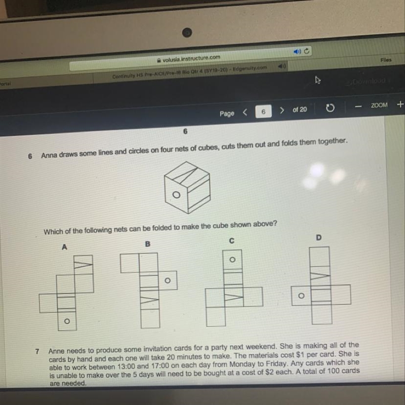 Anna draws some lines and circles on four nets of cubes, cuts them out and folds them-example-1