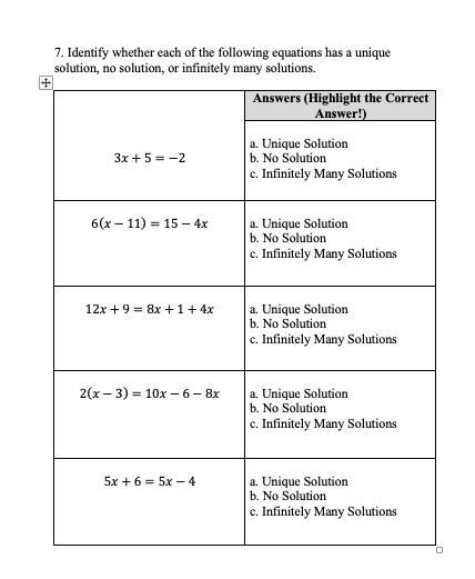 Identify whether each of the following equations has a unique solution, no solution-example-1