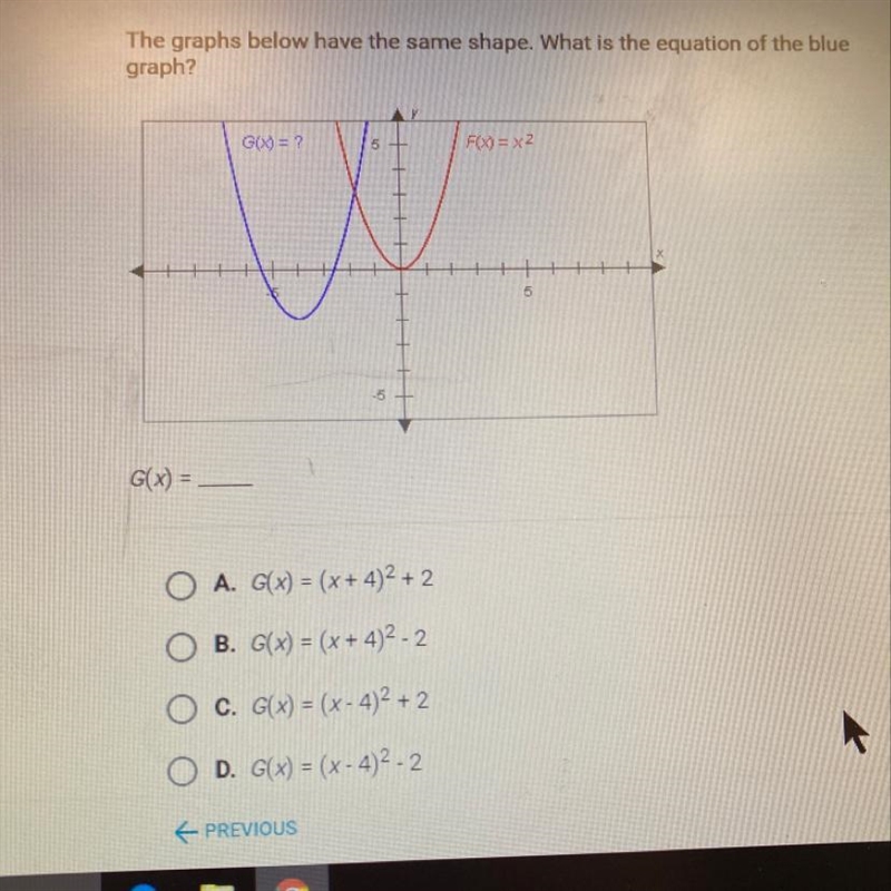 The graphs below have the same shape what is the equation of the blue graph-example-1