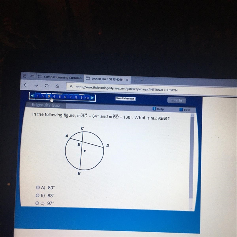 In the following figure, m AC = 64° and m BD = 130°. What is measure AEB?-example-1