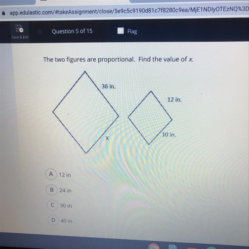 The two figures are proportional. Find the value of x. 36 in. 12 in. LA 10 in.-example-1