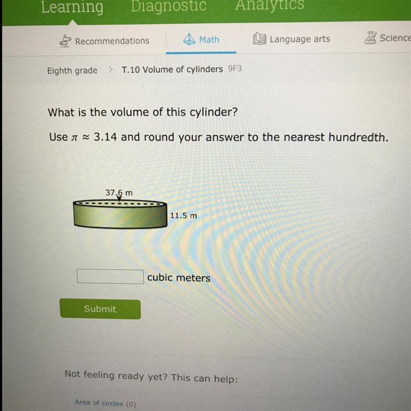 What is the volume of this cylinder? Use n = 3.14 and round your answer to the nearest-example-1