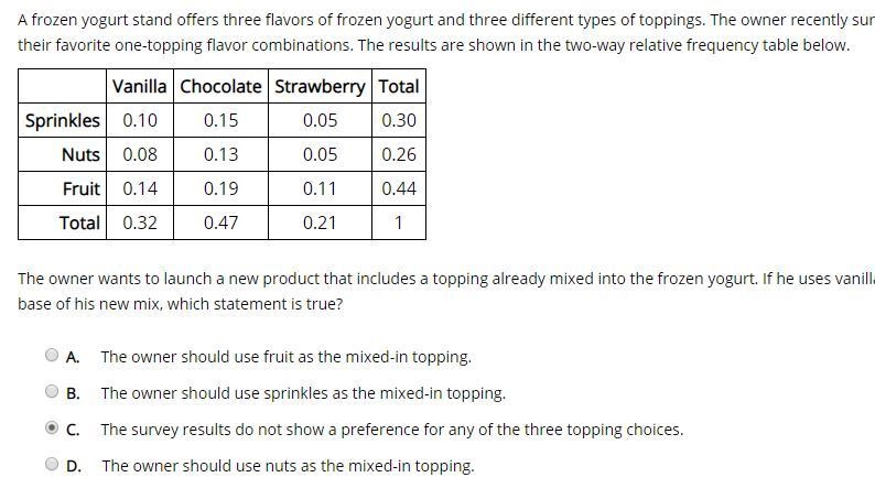 A frozen yogurt stand offers three flavors of frozen yogurt and three different types-example-1