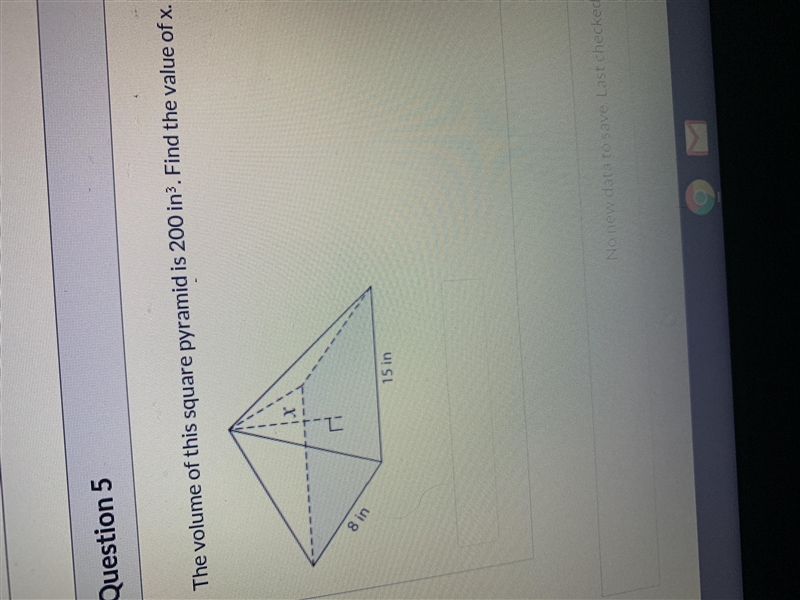 The volume of this square pyramid is 200in^3. Find the value of x.-example-1